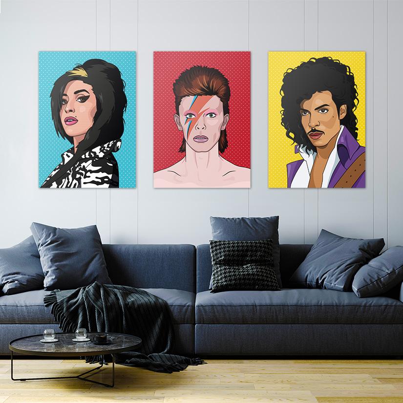 Amy Winehouse David Bowie Prince popart illustratie muur decoratie impressie